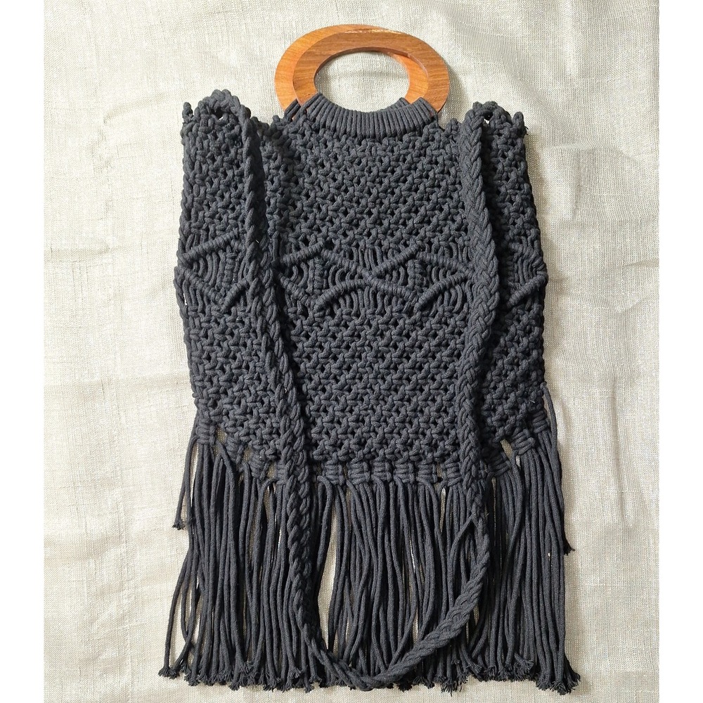 Danielle Nicole Black Macrame Hippie Fringe Crossbody Bag Wood Handle Retro Boho